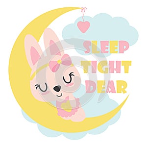 Cute baby bunny sleeps on moon cartoon illustration for kid t shirt design