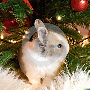 Cute baby Bunny under Christmas tree.