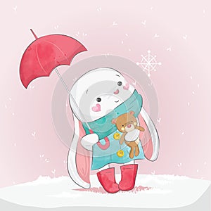 Cute Baby Bunny Under the Umbrella