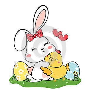 Cute baby bunny white rabbit hug baby smiley chicken, celebrating Easter, cartoon drawing outline, Best friend