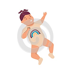 Cute baby. Cartoon girl lying on back. Child in casual romper. Isolated newborn daughter waving hands. Happy smiling photo