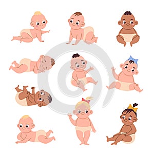 Cute baby. Cartoon newborn boys and girls in diapers. Toddlers sleeping or playing. Happy infants with faces and hairs. Human age