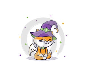 The Cute baby cat an angel sitting in hat at night. Vector Halloween illustration kitty