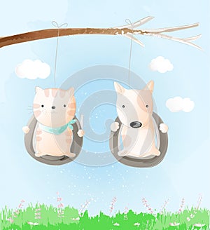 Cute baby cat and dog watercolor style.vector