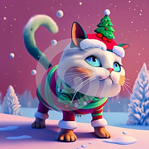 cute baby Cat premium ai image cool Cat xmas blue eye cat Santa new year green background season