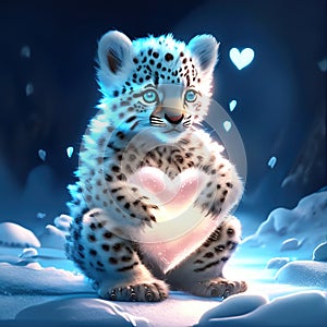 Snow Leopard Cub hugging heart Cute baby cheetah sitting on snow in winter forest with heart. Generative AI animal ai