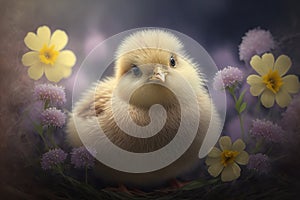 Cute baby chick in a field of flowers. Easter concept. Generative Ai