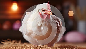 Cute baby chicken on farm, looking at camera generated by AI