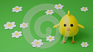 Cute baby chicken on green grass with white daisy flowers cartoon bird character 3d render illustration. Cheerful spring