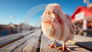 Cute baby chicken perching on fence, fluffy and yellow generated by AI