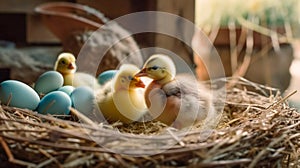 Cute Baby Chicks in a Nest of Colorful Easter Eggs - Generative AI