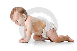 Cute baby child crawling isolated on white background