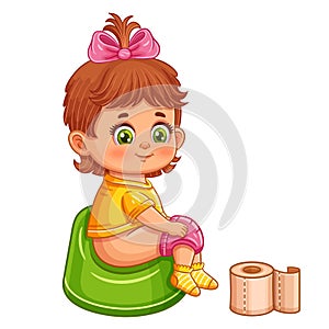 Cute baby child girl sit on potty seat with toilet paper. Toddler chamber pot training. Little infant character. Kid hygiene care