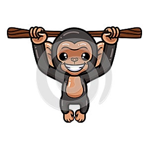 Cute baby chimpanzee cartoon hanging on tree branch