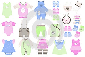 Cute baby clothes and shoes set in flat cartoon design.