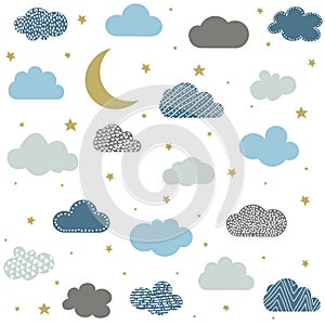 Cute baby clouds, stars, moon pattern vector seamless