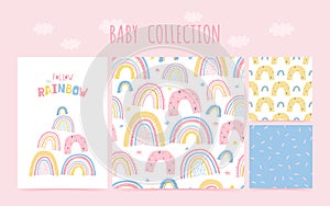 Cute baby collection seamless pattern with rainbow and lettering poster Follow the rainbow. Background in hand drawn