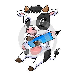 Cute baby cow holding pencil