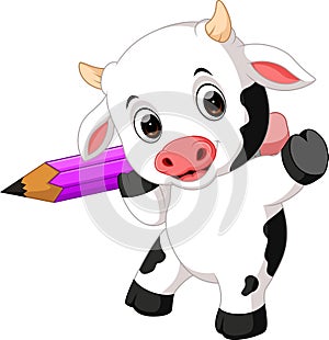 Cute baby cow holding pencil