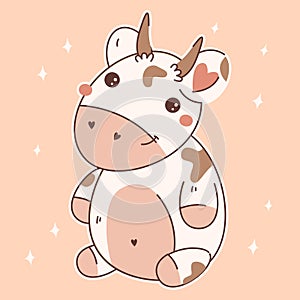 Cute Baby Cow Sitting Cartoon Vector Icon Illustration. Animal Icon Concept Isolated Flat Vector. Kawaii Cartoon Style