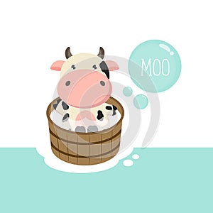 Cute baby cow in wood-tub. Animal cartoon character vector.