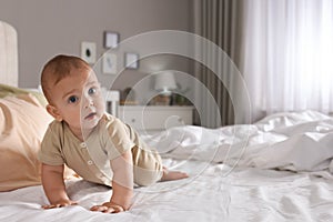 Cute baby crawling on bed at home