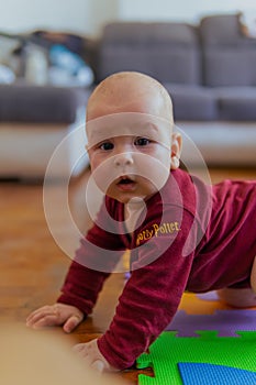 Cute baby crawling on the floor looking to the camera