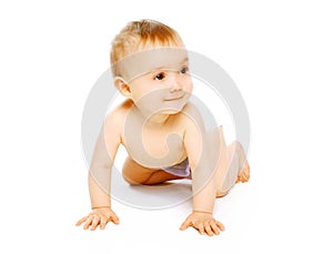 Cute baby crawls joyful having fun