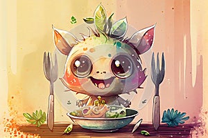 Cute Baby Creature Smiling and Eating Food