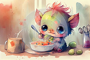Cute Baby Creature Smiling and Eating Food