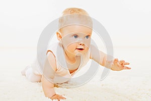 Cute baby creeping on carpet