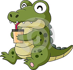 Cute baby crocodile cartoon drinking