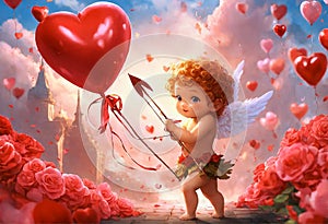 Cute baby cupid angel with arrow of love with heart shaped balloons and pink roses flowers on background