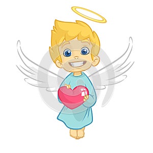 Cute Baby Cupid Angel Hugging a Heart. Cartoon illustration of Cupid character for St Valentine`s Day isolated on white.