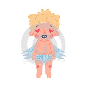 Cute baby Cupid with heart shaped eyes. Adorable blond little boy angel with wings cartoon vector illustration