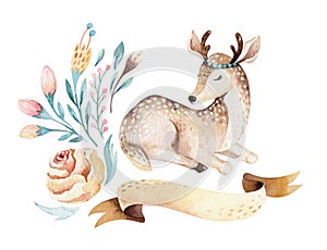 Cute baby deer animal nursery isolated illustration for children. Watercolor boho forest cartoon Birthday patry
