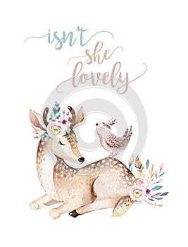 Cute baby deer animal nursery isolated illustration for children. Watercolor boho forest cartoon Birthday patry