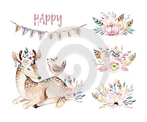 Cute baby deer animal nursery isolated illustration for children. Watercolor boho forest cartoon Birthday patry