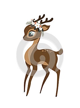 A cute baby deer with a floral wreath