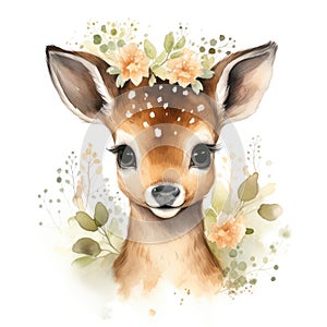 Cute baby deer with floral wreath. Watercolor cartoon illustration