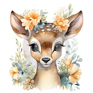 Cute baby deer with floral wreath. Watercolor cartoon illustration