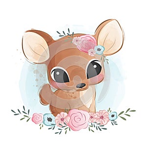 Cute Baby Deer in Flower Wreath