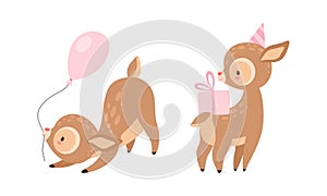 Cute Baby Deer with Spots as Adorable Hoofed Mammal Holding Gift Box and Balloon by String Vector Set