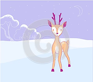 Cute baby deer in winter forest. Wildlife animal Illustration. Fawn