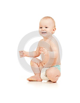 Cute baby in diaper on white background