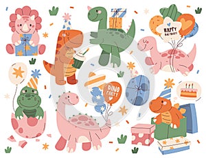 Cute baby dinosaur carrying festive birthday party accessories and supplies vector illustration