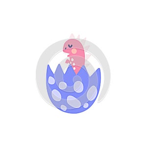 Cute baby dinosaur in the egg shell. Funny little dino calling his mother