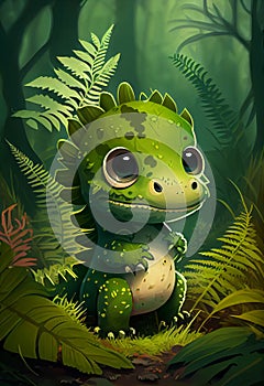 Cute baby dinosaur in the fern forest. AI generated.