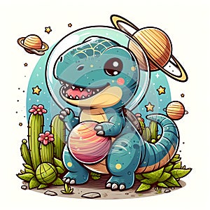 A cute baby dinosaur with planetarium vibes, cactus, cute, stars, cartoon, flower, white background, t-shirt art