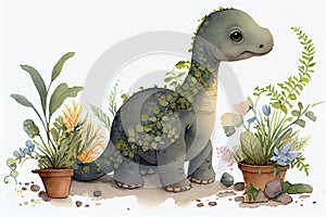 Cute baby dinosaur with plants, watercolor painting
